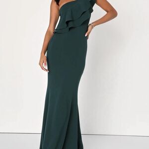 Lulus Grand Beauty Emerald Ruffled One-Shoulder Mermaid Maxi Dress Small